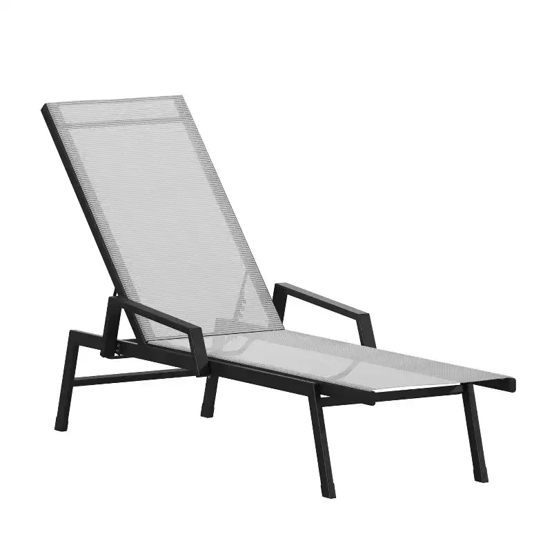 Emma and Oliver Textilene Adjustable 5 Position Patio Chaise Lounge with Armrests and Metal Frame