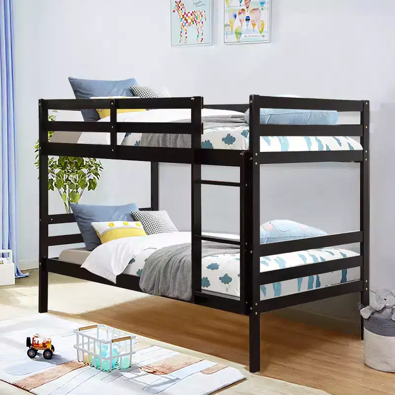 Twin Over Twin Wood Bunk Bed with Ladder and Safety Rail in Espresso or White