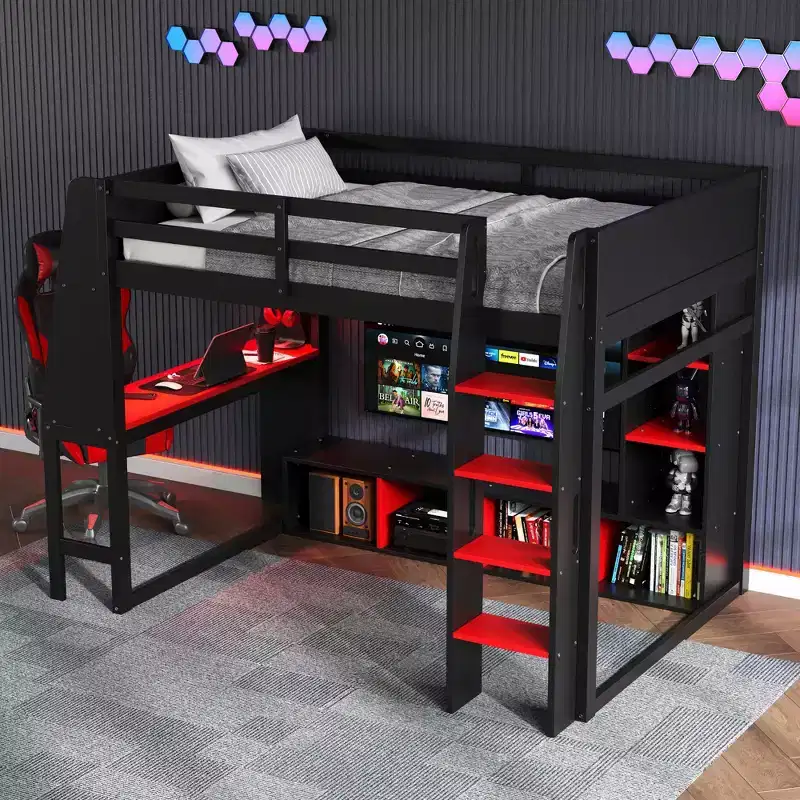 Twin/Full Size Gaming Loft Bed With Desk, LED Lights, Multi-Storage Shelves and Hanging Clothes Rack, Space-Saving Wooden Bed Frame