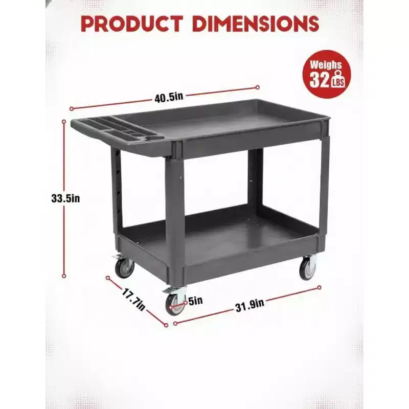2-Tier Rolling Utility Service Cart with 360 Swivel Wheels & Brakes, 550LBS, Ergonomic Storage Handle for Warehouse/Garage/Cleaning, 40*17 in