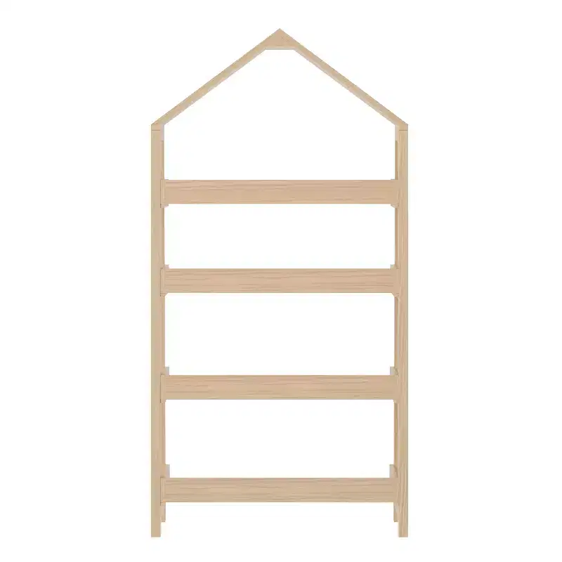 Wood Open Bookshelf with Covered Triangular Top, 4 Shelves and Squared Legs