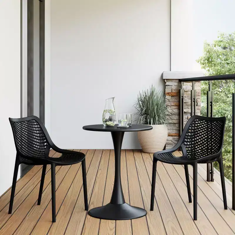 WestinTrends Playa 3-Piece Outdoor Round Metal Dining Table Set And Stackable Resin Patio Dining Side Chairs