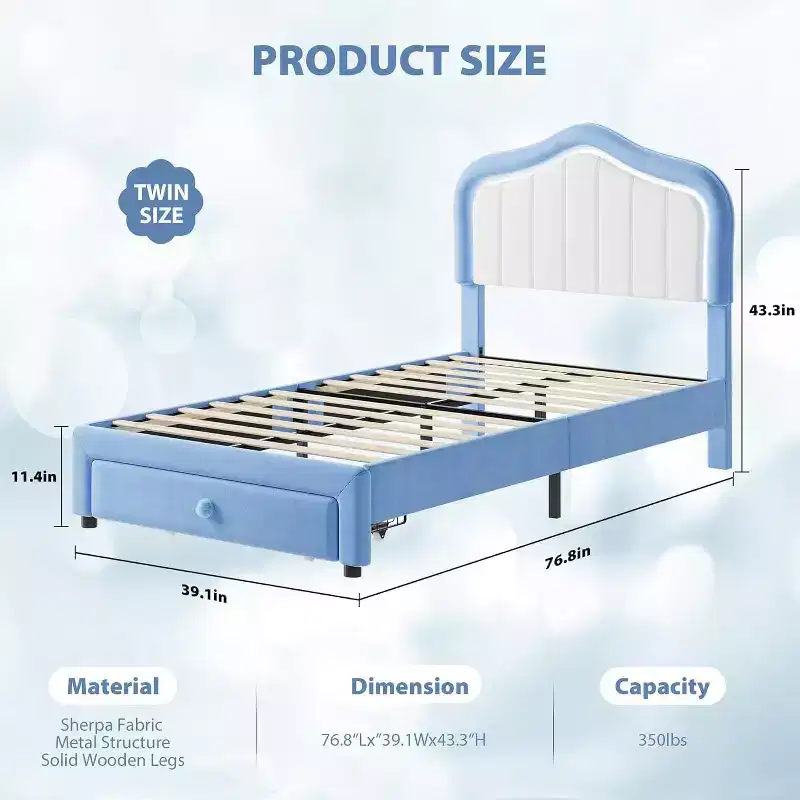 Twin Upholstered Bed Frame with Storage Drawer and LED Headboard