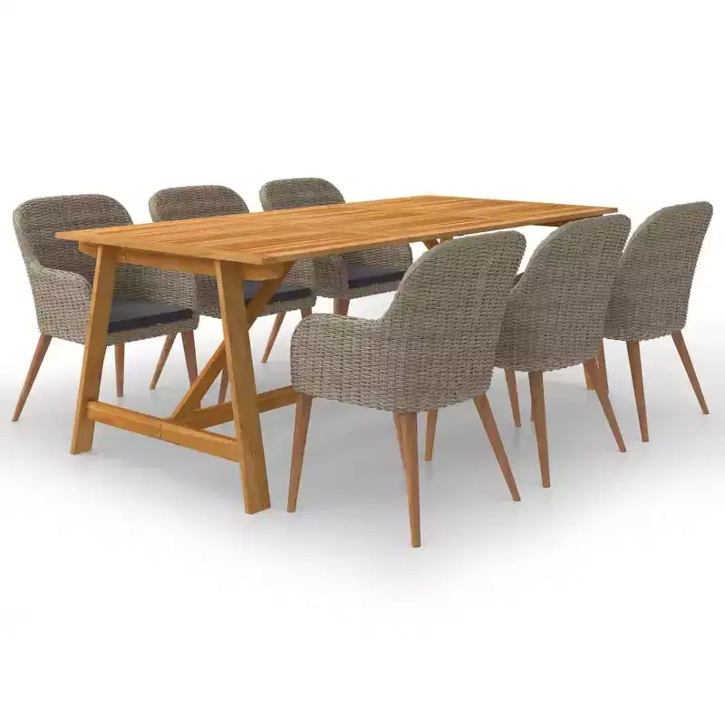 vidaXL 7-Piece Patio Dining Set - Solid Acacia Wood & PE Rattan Chairs, Dark Gray Cushions, Weather-Resistant, Comfortable & Easy Maintenance