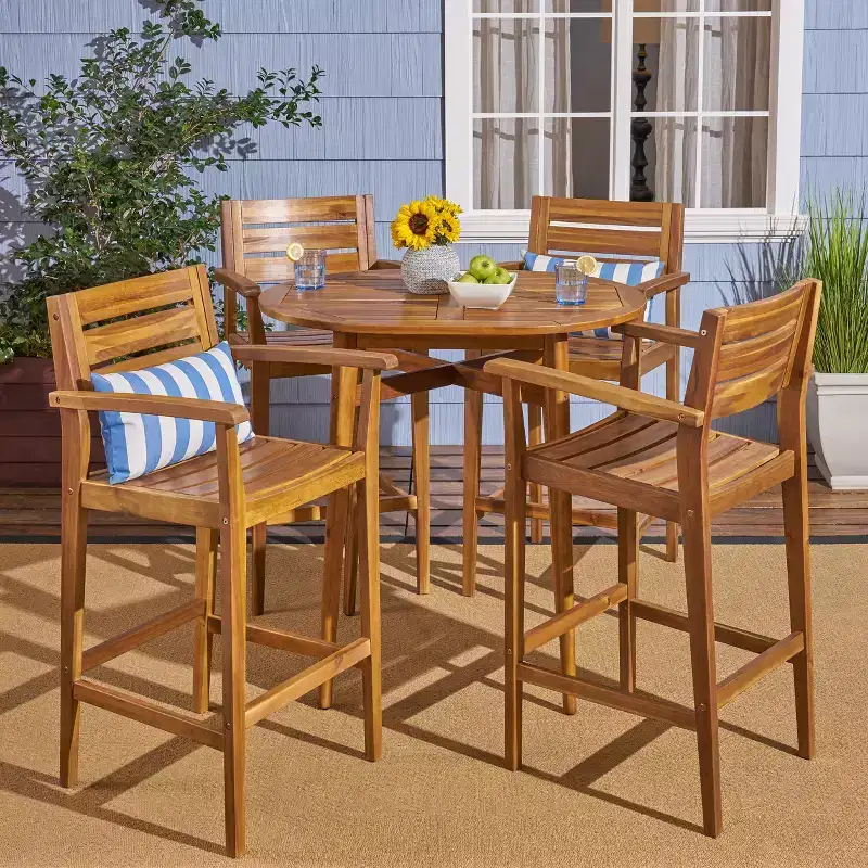 GDFStudio Brigitte Outdoor Acacia Wood 5 Piece Bar Set with Slatted Design