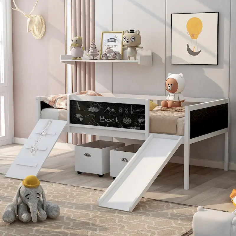 Twin Loft Bed with Climbing Frame, Slide, Double-Sided Chalkboard & 2 Storage Boxes, Pine Wood