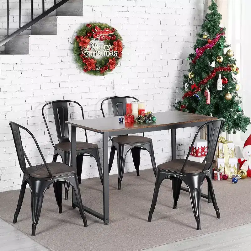 Yaheetech 4PCS Metal Frame and Wood Seat Stackable Dining Chairs with Backrest Footrests