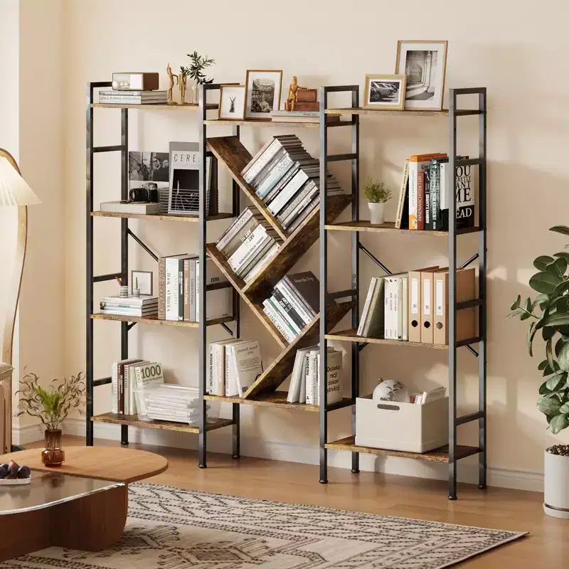 Acekool Industrial 4 Tier Wood Bookshelf with 14 Shelves Rustic Metal Frame Rack for Living Room Office