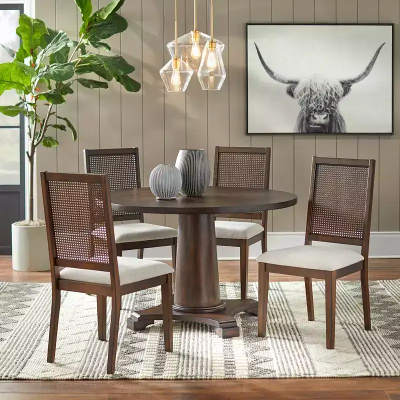 Buylateral Set of 2 Westbury Traditional Cane Dining Chairs Walnut/Cream: Rubberwood Frame, Linen Upholstery
