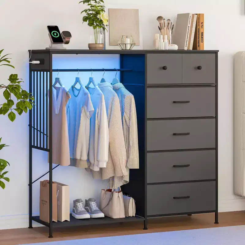 49.2 Dresser with Hanging Rack & Lights, 6-Drawer Storage Tower with Charging Station & Reversible Wood Top for Bedroom