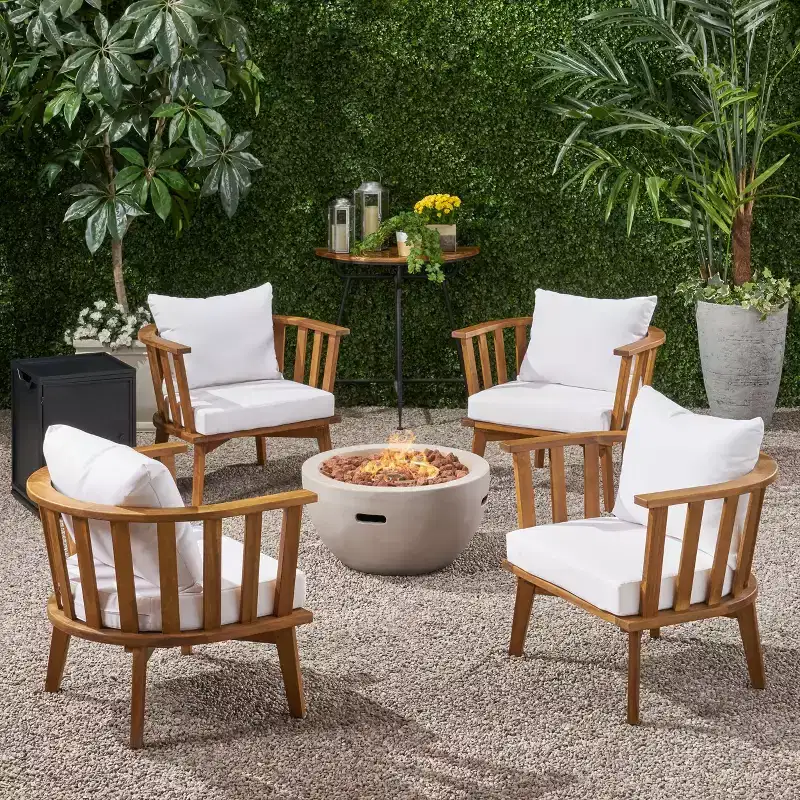 Christopher Knight Home Flagler Outdoor Acacia Wood 5 Piece Club Chair and Fire Pit Set with Cushions, Teak/White