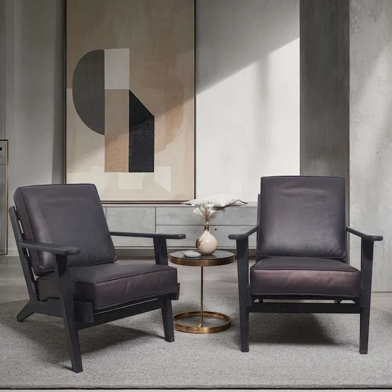 Amber Accent Chair, Handcrafted Slatted Mango Wood, Buffalo Leather Cushions, Angled Legs