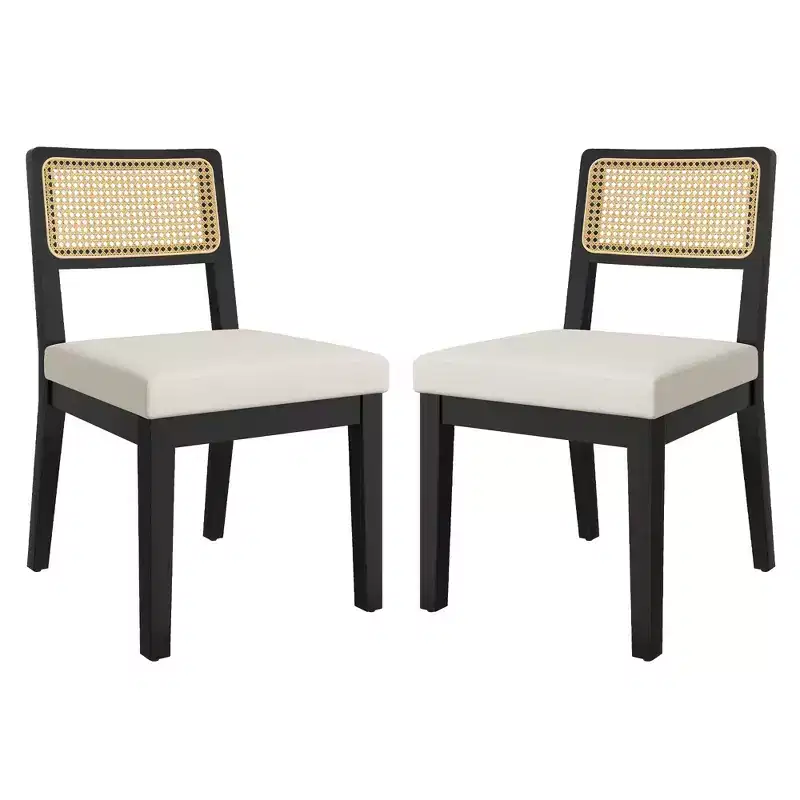 Set of 2 Rattan Dining Chairs, French Country Kitchen Chairs Rattan Back Wooden Legs, Modern Mid Century for Dining Room