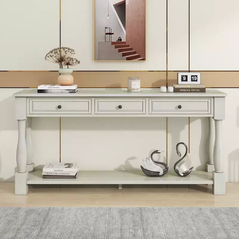 Long Narrow Console Table with Storage, Retro Wood Entryway Table with 3 Drawers and Bottom Shelf, Wood Side Table for Living Room and Hallway