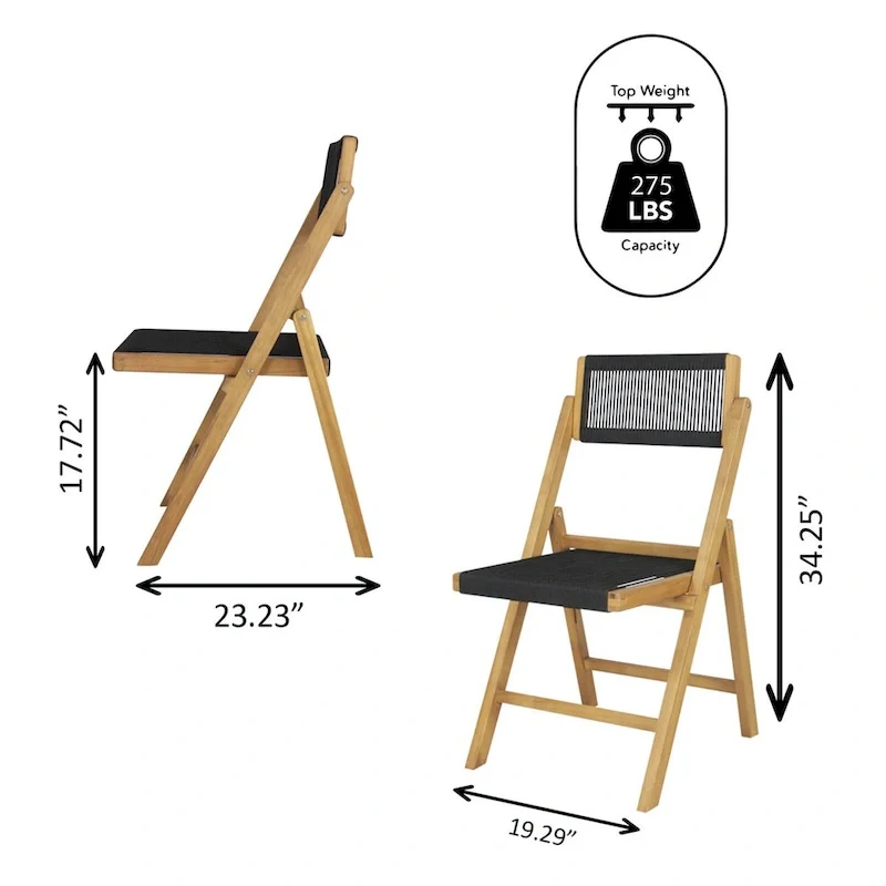 Kiawah Coastal Modern Wood Roped Folding Chair with Adjustable Back, Black/Natural (Set of 2) by JONATHAN Y